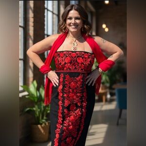 Sara Mexican Strapless Black/Red Dress